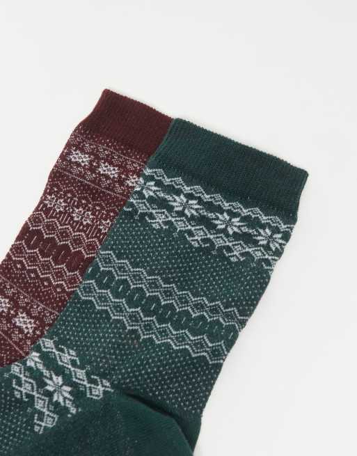 ASOS DESIGN - Pakke med 2 par røde og grønne sokker med Fair Isle-mønster, 3 af 3