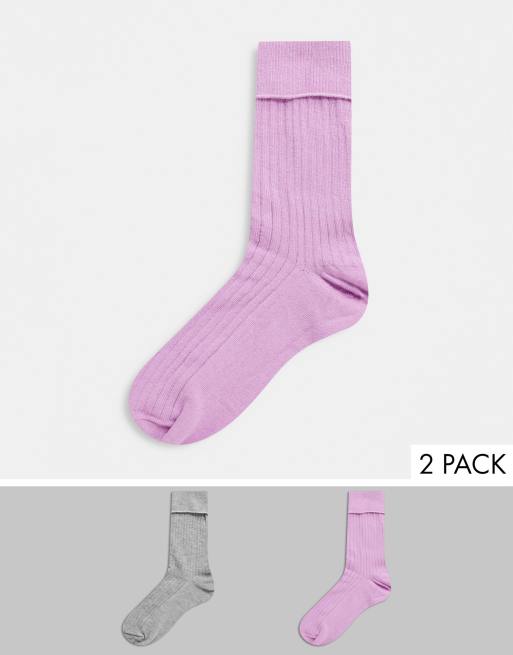ASOS DESIGN - Pakke med 2 par ribstrikkede sokker med foldede kanter i lilla og grå