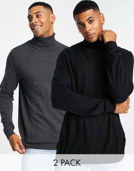 ASOS DESIGN - Pakke med 2 par rullekravebluser i sort og koksgrå bomuld - Spar - MULTI