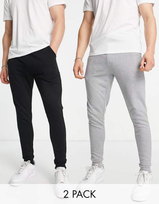 ASOS DESIGN - Pakke med 2 par skinny-joggingbukser i sort/gråmeleret