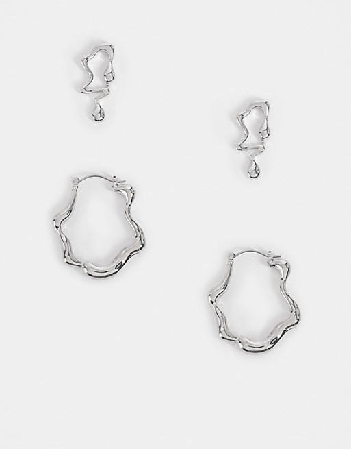 ASOS DESIGN - Pakke med 2 par sølvfarvede øreringe i smeltet design