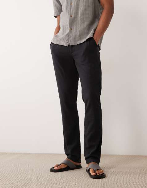ASOS DESIGN - Pakke med 2 par sorte/beige slim-bukser i hørblanding - view 1