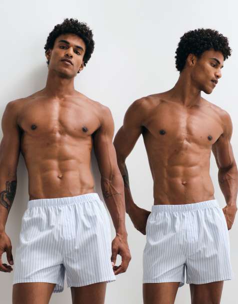 ASOS DESIGN - Pakke med 2 par vævede boksershorts med striber i blå - view 1