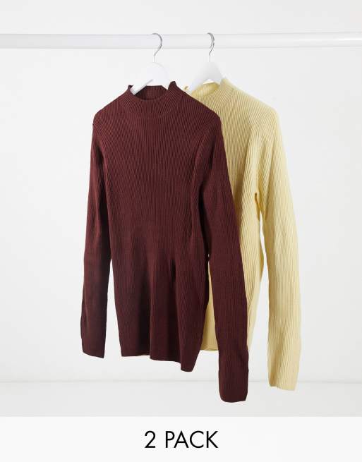 ASOS DESIGN - Pakke med 2 ribstrikkede rullekravetrøjer i grå og bordeauxrød - SPAR