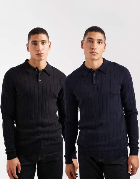 ASOS DESIGN - Pakke med 2 ribstrikkede tætsiddende poloer i sort og marineblå - view 1