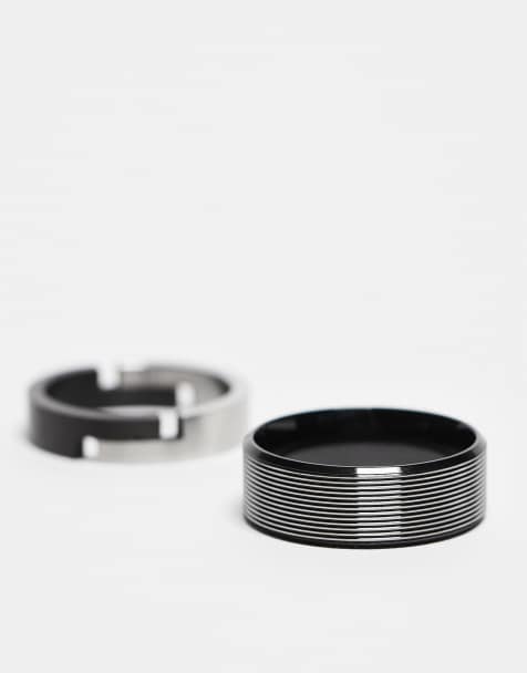 ASOS DESIGN - Pakke med 2 sølvfarvede båndringe med sorte detaljer i vandfast, rustfrit stål - view 1