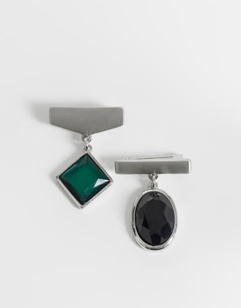 ASOS DESIGN - Pakke med 2 sølvfarvede brocher med ovale og diamantformede sten - view 1