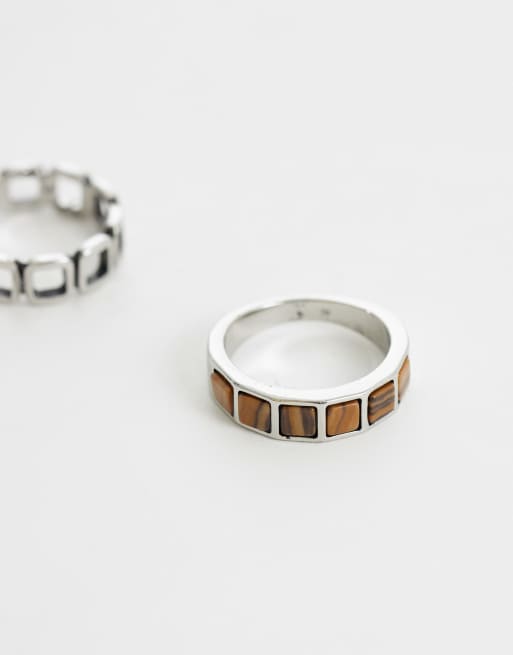 ASOS DESIGN - Pakke med 2 sølvfarvede ringe med åbne kædeled og imiteret tigerøje-sten, 3 af 3