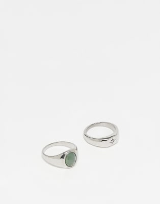 ASOS DESIGN - Pakke med 2 sølvfarvede signetringe med imiteret jadesten i vandfast, rustfrit stål - view 1