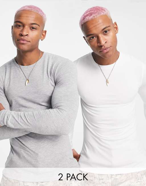 ASOS DESIGN - Pakke med 2 tætsiddende langærmede T-shirts i hvid og gråmeleret