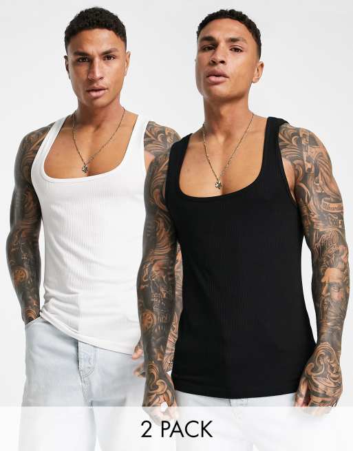 ASOS DESIGN - Pakke med 2 tætsiddende ribstrikkede toppe med firkantet hals i hvid og sort