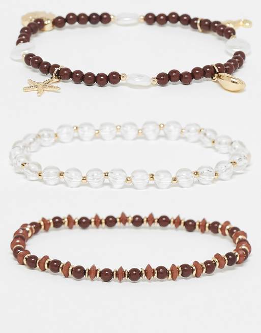 ASOS DESIGN - Pakke med 3 armbånd med brune perler og guldfarvede detaljer