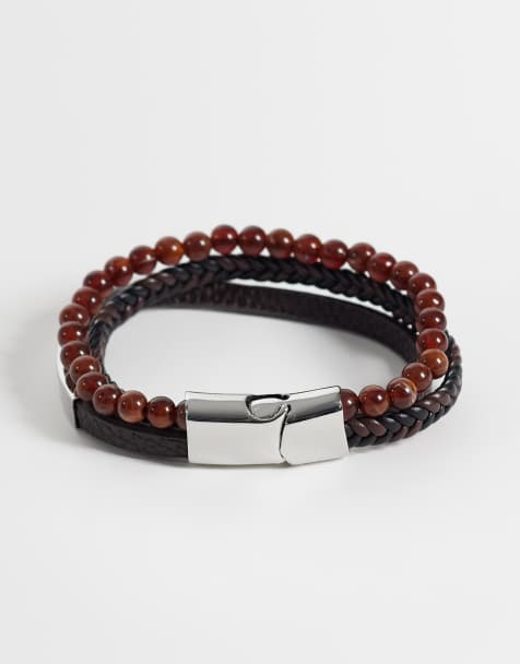 ASOS DESIGN pakke med 3 armbånd med rem i imiteret læder og brune perler i sort - view 1
