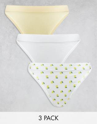 ASOS DESIGN - Pakke med 3 G-strenge i sømløs ribstrik i hvid/citrongul/med citronprint