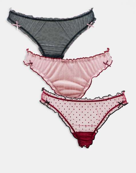 ASOS DESIGN - Pakke med 3 G-strenge med dyreprint, i pink pointelle og i mesh med bordeaux prikker - view 1