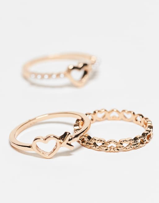 ASOS DESIGN - Pakke med 3 guldfarvede ringe med hjertedetaljer, 3 af 3