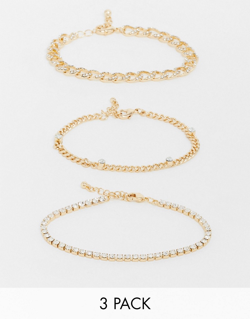 ASOS DESIGN - Pakke med 3 gyldne krystalbesatte kædearmbånd-Guld