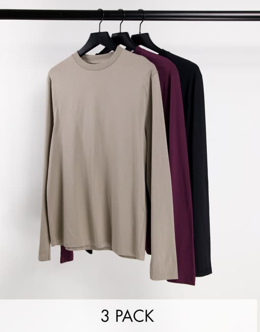ASOS DESIGN - Pakke med 3 langærmede T-shirts i forskellige farver - MULTI