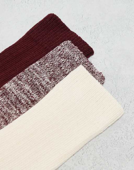 ASOS DESIGN - Pakke med 3 par ecrufarvede/bordeauxrøde sokker i snoet garn, 4 af 4