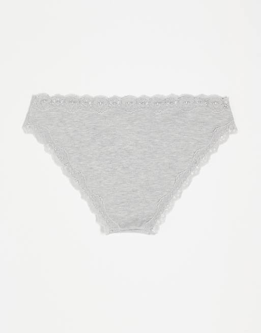ASOS DESIGN - Pakke med 3 par gråmelerede brasilianske trusser i bomuld og blondestof, 2 af 3