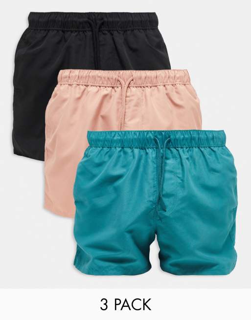 ASOS DESIGN - Pakke med 3 par korte badeshorts i grøn/beige/sort - Spar