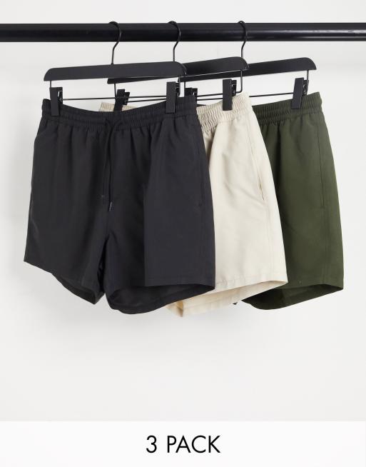 ASOS DESIGN - Pakke med 3 par korte badeshorts i sort/beige/khaki - Spar