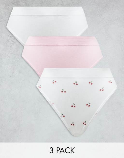 ASOS DESIGN - Pakke med 3 par ribstrikkede briefs i hvid/lyserød/med kirsebærprint
