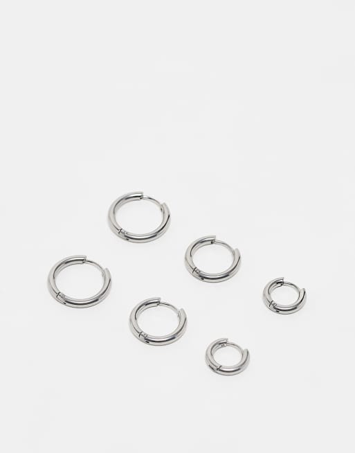 ASOS DESIGN - Pakke med 3 par sølvfarvede hoop-øreringe på 9, 12 og 14 mm i vandafvisende, rustfrit stål