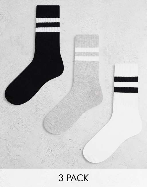 ASOS DESIGN - Pakke med 3 par stribede sorte og hvide sportssokker