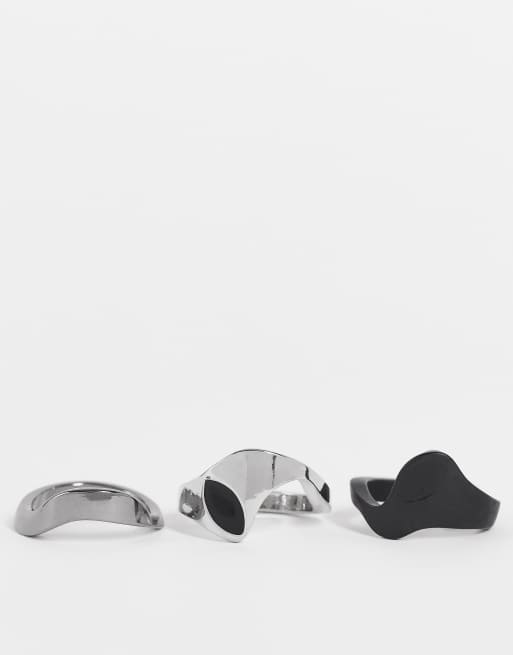 ASOS DESIGN - Pakke med 3 ringe i sølvfarve og sort med stablet design og alien-motiv, 2 af 4