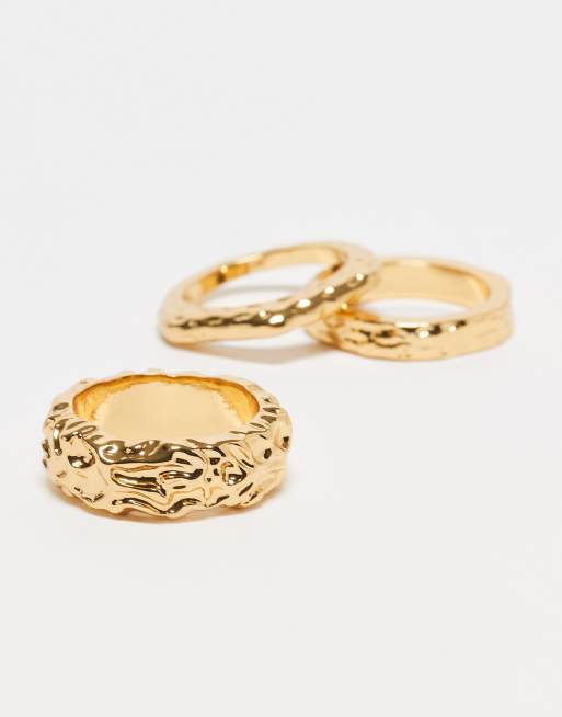 ASOS DESIGN - Pakke med 3 ringe med 14 k guldbelægning og smeltet metaldesign, 3 af 3