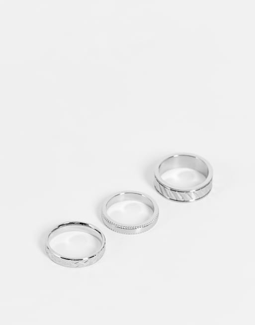 ASOS DESIGN - Pakke med 3 sølvfarvede båndringe med indgraverede linjer i vandtæt rustfrit stål 