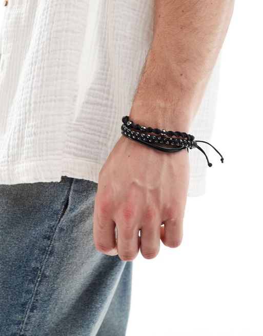 FhyzicsShops DESIGN - Pakke med 3 sorte armbånd i snor og hæmatit-perler
