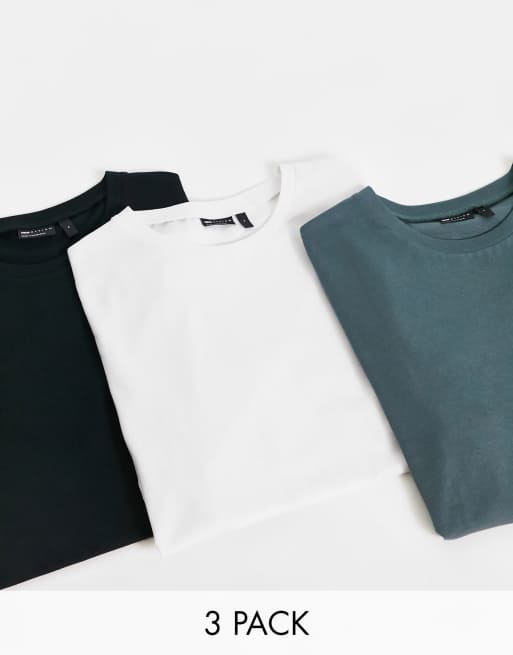ASOS DESIGN - Pakke med 3 T-shirts med opsmøgede ærmer i hvid/sort/grøn