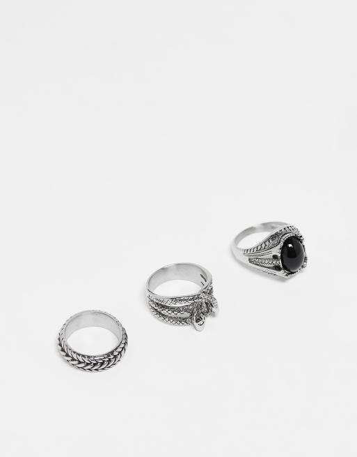 ASOS DESIGN - Pakke med 3 vandtætte ringe i rustfrit stål i sølvfarvet med sort sten