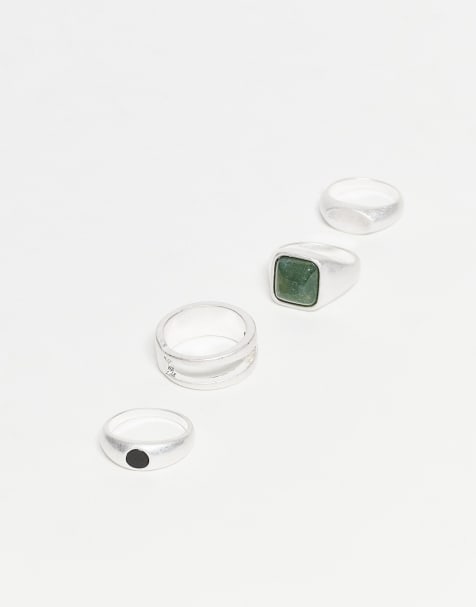 ASOS DESIGN - Pakke med 4 chunky ringe i poleret sølvfarve med halvædel mosgrøn sten og sort agatsten - view 1