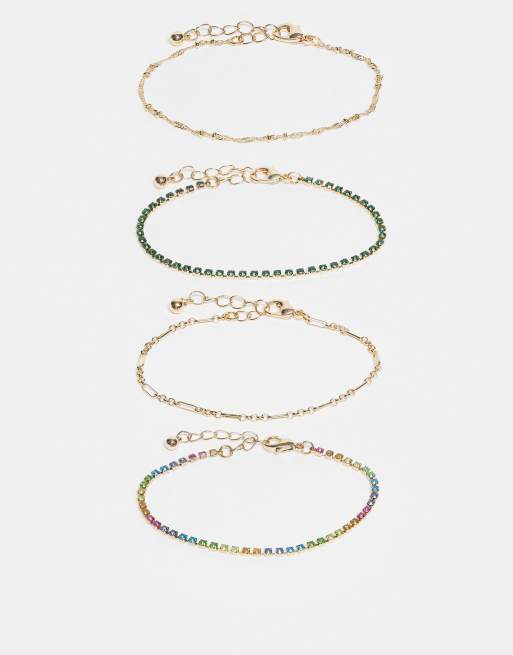 ASOS DESIGN - Pakke med 4 guldfarvede fine armbånd med multifarvede glimtende rhinsten, 2 af 3