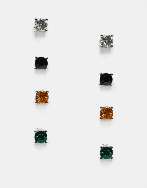 ASOS DESIGN - Pakke med 4 krystalørestikker i sølvfarve og sort med topas og grønne krystaller