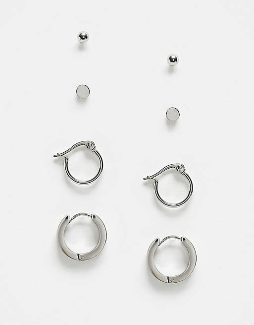 ASOS DESIGN - Pakke med 4 par hoops og ørestikker i sølvfarvet rustfrit stål