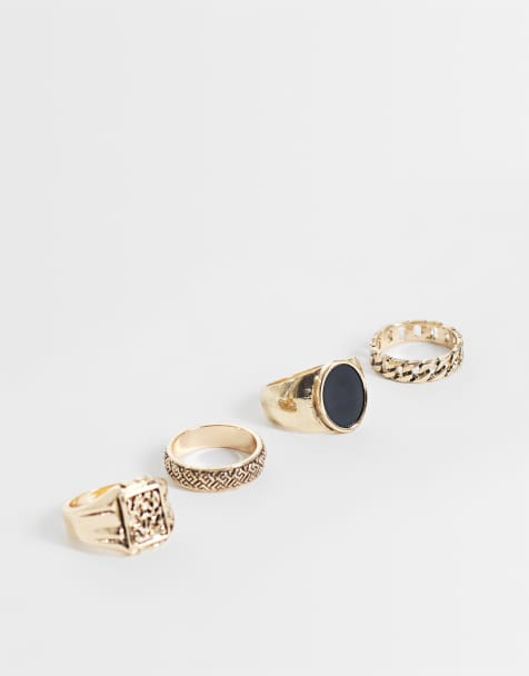 ASOS DESIGN pakke med 4 signetringe i antikguld med sort sten og blomst - view 1