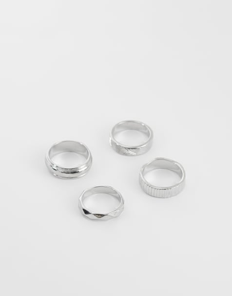 ASOS DESIGN - Pakke med 4 sølvfarvede ringe med rillede detaljer og striber - view 1