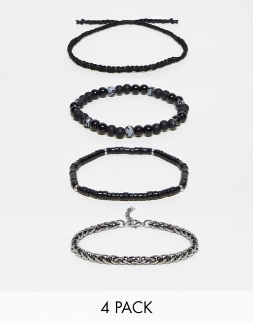 ASOS DESIGN - Pakke med 4 sorte armbånd i forskellige kæde-, perle- og snordesigns 
