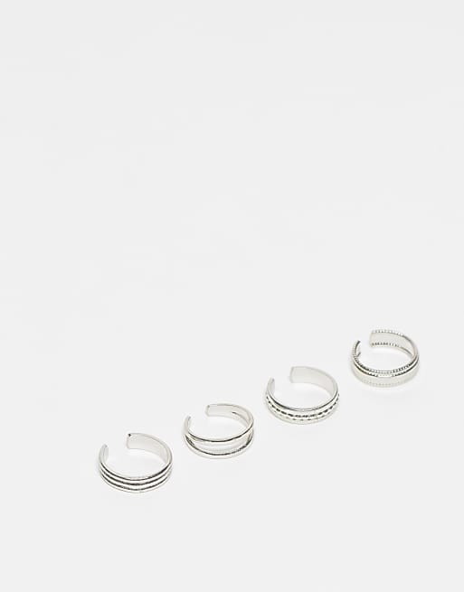 ASOS DESIGN - Pakke med 4 tåringe i sølvfarve med blandet design