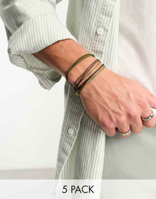 ASOS DESIGN - Pakke med 5 armbånd i snor i kakigrønne og brune farver
