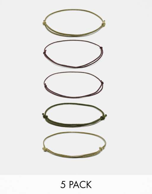 ASOS DESIGN - Pakke med 5 armbånd i snor i kakigrønne og brune farver