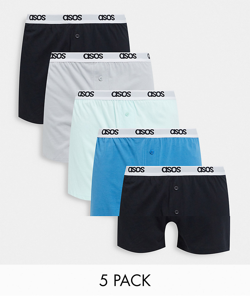 ASOS DESIGN - Pakke med 5 par boksershorts i sorte, blå og grå farver-Multifarvet