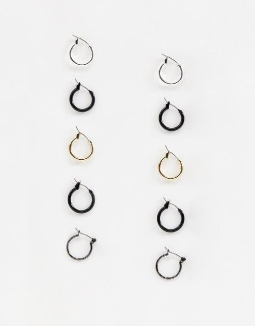 ASOS DESIGN - Pakke med 5 par hoop-øreringe på 10 mm og 12 mm i sort, guldfarve og sølvfarve