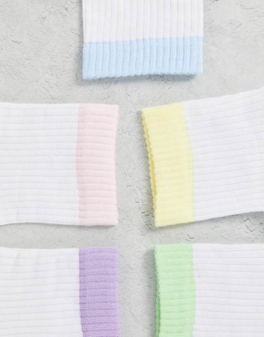 ASOS DESIGN - Pakke med 5 par hvide ankelsokker med pastelfarvede kanter, 4 af 4