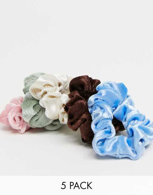 ASOS DESIGN - Pakke med 5 små scrunchies i velour i forskellige farver