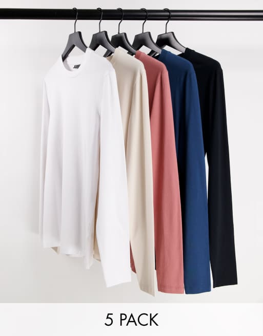 ASOS DESIGN - Pakke med 5 tætsiddende langærmede T-shirts i forskellige farver